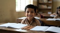 Happy young South Asian boy student smiling at camera while sitting at wooden desk with open books in warm classroom setting for education concepts.