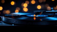 Vinyl record player turntable with warm bokeh lights in dark atmosphere, stylus on spinning disc creates nostalgic mood for music and entertainment background.