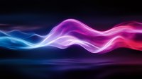 Glowing abstract waves in pink, blue and purple colors flowing smoothly against dark background creating dynamic light effect with soft gradient transitions.