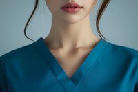 Young Asian female medical professional wearing teal scrubs uniform, cropped view focusing on neck and lips with natural makeup against light blue background.