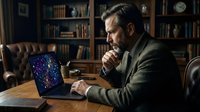 Middle-aged man of Caucasian ethnicity in business casual attire sitting at wooden desk, contemplating laptop screen displaying digital network visualization in home office library setting.