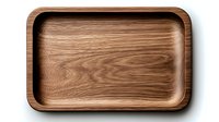 Empty rectangular wooden tray with raised edges on white background, natural walnut wood grain texture visible, isolated product photography for commercial use.