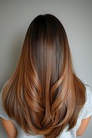 Back view of long straight brown hair with caramel balayage ombre highlighting technique showing smooth, glossy texture and layered cut styling.
