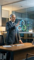 Senior Caucasian businessman presenting holographic interface with sustainability data in modern office boardroom for corporate strategy meetings.