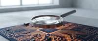 Magnifying glass examining detailed circuit board with copper traces and electronic components on modern desk surface for technology analysis.