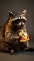 Adorable raccoon holding pizza slice with both paws against dark background, showcasing funny animal behavior and human-like eating habits.