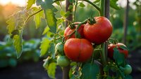 Fresh ripe red tomatoes growing on vine in organic garden with warm sunlight, healthy homegrown vegetables ready for harvest in summer greenhouse farming.