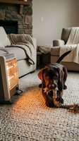 Cozy living room with chocolate labrador puppy lying on carpet near electric heater, stone fireplace and comfortable armchairs creating warm domestic atmosphere.