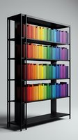 Rainbow colored books arranged by hue on black metal bookshelf creating vibrant spectrum display for modern library or office interior design.