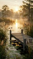Wooden dock extends into misty lake at golden sunrise with ducks swimming among lily pads, surrounded by tall grasses and cypress trees in peaceful wetland setting.