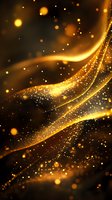 Magical golden waves with sparkling particles and bokeh effects on dark background create luxurious abstract design for festive celebrations and events.