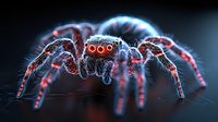Glowing red and blue jumping spider macro photography on dark background shows detailed arachnid anatomy with bioluminescent effect and intricate leg patterns.