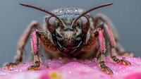 Extreme macro photography of wild bee face with detailed compound eyes and antennae, resting on pink flower petal covered in morning dew drops.