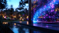 Glowing blue and purple sparkles illuminate dark window reflection creating magical evening atmosphere with blurred city lights in background.