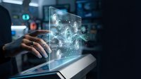 Businessman hand touching transparent digital interface with glowing gear icons and network connections, representing technology innovation and automation in modern workplace.