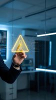 Hand holding glowing yellow neon warning triangle symbol with circuit board pattern in modern office environment, representing cybersecurity alert, risk management, and digital danger notification.