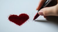 Red glitter heart shape drawn with sparkly powder on white surface, hand holding pen traces romantic symbol. Creative Valentine's day concept for cards and designs.