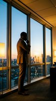 African American businessman in suit talking on phone by office windows at sunset with city skyline view during golden hour corporate meeting.