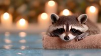 Adorable raccoon resting head on pink towel near swimming pool with blurred bokeh lights in background, creating cozy atmosphere for relaxation and spa concept.