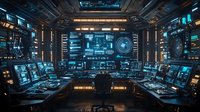 Futuristic command center with multiple computer screens displaying data analytics and monitoring systems in dark blue technological environment.