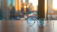 Modern eyeglasses with thin metal frames resting on wooden table against blurred urban cityscape background with warm golden hour lighting and bokeh effects.
