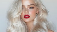 Young woman with platinum blonde wavy hair, bright red lipstick and natural glowing makeup on light background. Professional beauty portrait for cosmetics and hair care advertising.