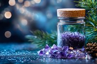 Purple amethyst crystals in glass jar with cork lid against blurred blue bokeh background, surrounded by pine branches and scattered gems on glittery surface.