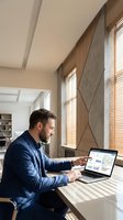 Professional businessman working on laptop with financial charts and data analysis in modern office with wooden blinds and natural lighting.