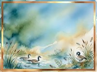 Watercolor landscape with ducks swimming in a serene lake surrounded by cattails and marsh grasses under a soft sky with warm sunset tones.
