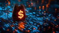 Glowing dollar symbol on digital matrix background with orange and blue technology data streams. Financial technology concept for banking and investment.