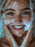 Young Caucasian woman with bright blue eyes and radiant smile applying facial foam cleanser, close-up beauty portrait showing skincare routine and fresh complexion.