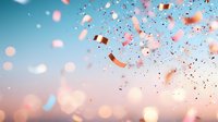 Festive rose gold confetti and glitter floating against dreamy sunset sky with bokeh lights creates magical celebratory atmosphere for party backgrounds.