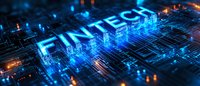 Fintech word displayed as glowing blue holographic text on digital circuit board with data network visualization for financial technology concepts.