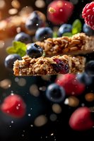 Granola bars with fresh berries floating in dark space with bokeh effect. Healthy breakfast concept with blueberries, raspberries and oat snacks.