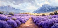Scenic panoramic view of blooming lavender field with dirt path leading to majestic mountains, dramatic clouds and summer landscape perfect for wall art, travel inspiration or nature designs.