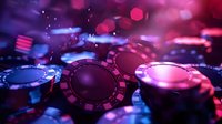Casino poker chips stacked on gaming table with dramatic purple and pink neon lighting creating atmospheric bokeh effects for gambling entertainment concepts.