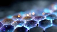 Glowing hexagonal molecular structure with blue and purple light effects on dark background, scientific concept for nanotechnology and chemistry research.