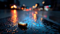 Bullet casing on wet asphalt street at night with colorful bokeh lights and water reflections creating dramatic urban crime scene atmosphere.