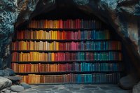 Mystical rainbow-colored bookshelf carved into natural cave wall with color-coordinated books arranged from warm to cool tones creates surreal library atmosphere.