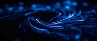 Digital swirling particles and glowing blue light trails create an abstract technology background suitable for digital marketing, web design, and tech presentations.