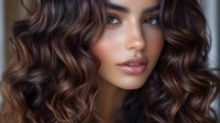 Young mixed race woman with glossy wavy brown hair, natural makeup, and glowing skin against dark background. Professional beauty portrait for hair and cosmetic advertising.