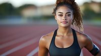 Young African American female athlete in black sports bra standing confidently on running track during golden hour training session for fitness motivation.