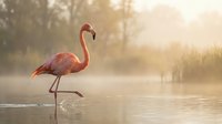 Flamingo wading through misty shallow water at dawn, long legs extended in natural wetland habitat with soft golden light filtering through fog and trees.