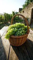 Wicker basket filled with fresh green grapes displayed on wooden table in vineyard setting with stone buildings and grapevines in background for harvest and agriculture themes.