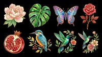 Isolated botanical and wildlife illustrations featuring peach peony, monstera leaf, colorful butterfly, red rose, pomegranate, kingfisher bird, hummingbirds with florals on transparent background. Ready for t-shirt design, clipart, stickers, sublimation and print-on-demand projects.