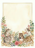 Watercolor mice and flowers decorative frame with copy space, vintage botanical border with cute rodents, roses, berries, and golden ornaments.