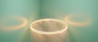 Glowing neon ring with warm light halo effect on soft turquoise background, suitable for sci-fi, technology, and futuristic design projects.