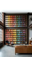Modern home library with floor-to-ceiling bookshelves displaying colorful books arranged by rainbow spectrum creating stunning visual wall in contemporary loft space.