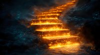 Mystical glowing stairway with golden light particles ascending into dark stormy clouds, creating dramatic fantasy atmosphere for spiritual concept designs.