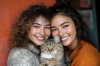 Two young women with curly hair in cozy sweaters holding fluffy tabby cat, smiling warmly against orange wall background.